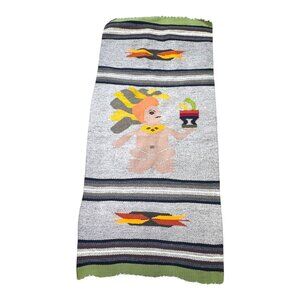 Vintage Handmade Woven Wall Tapestry With Aztec God Medicine Man 63X29.5 Mexico